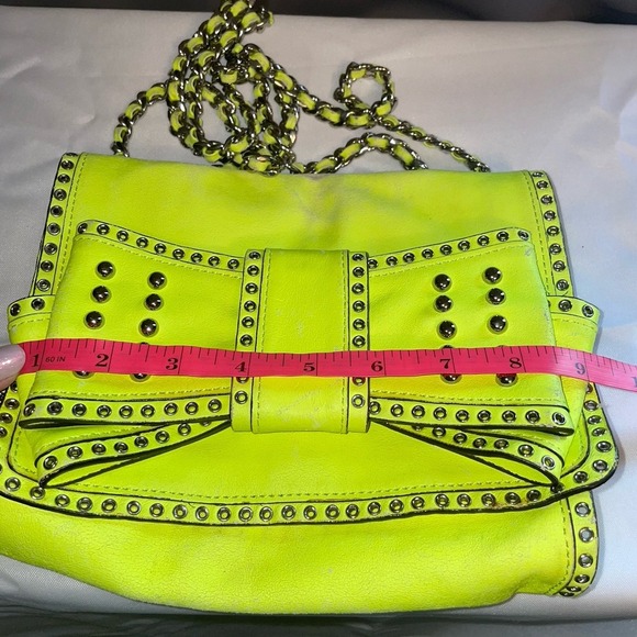 Rebecca Minkoff Bow Studded Shoulder Crossbody Bag Purse Neon Yellow Chain Strap - Picture 11 of 15